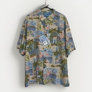 Vtg Bermuda Bay Silk Flamingo Palm Tree Short Sleeve Button Up Hawaiian Shirt XL